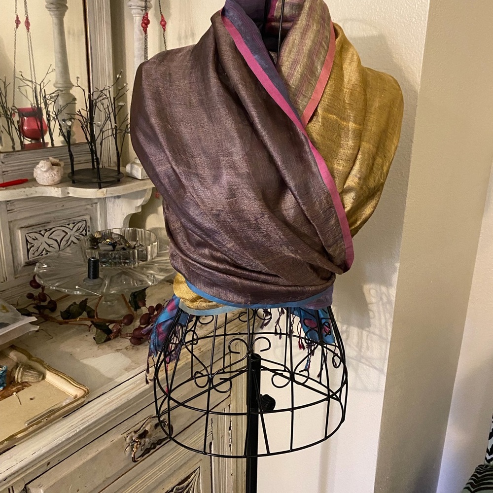 Handwoven Silk Scarf / Wrap in Gold, Purple , Blue & Pink - Picture 5 of 9